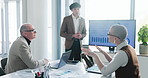 Discussion, presentation and man in meeting, financial agency and graphs for stock market. People, questions or speaker in office, profit growth or charts for investment, feedback or professional