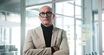 Face of man, mature or arms crossed in glass office, serious hr or confident in company vision. Employee relation, trust or person with glasses in workplace, professional or pride in corporate career