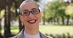 Happy, park or face of business woman with glasses, professional or ready for new job opportunity. Corporate career, first day or employee smile with eyewear in nature,   portrait and morning commute