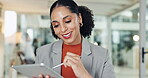 Woman, software developer and smile with tablet for UI testing, UX or app development at office. Bokeh, web designer or technology with stylus pen for online prototype or AI platform at workplace