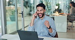 Businessman, phone call or excited at laptop for good news, trading success or promotion. Contact, trader or fist pump in office for bonus notification, company incentive win or market value increase