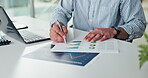 Pen, typing and hands of business person in office for data analysis, budget charts and document. Accounting graphs, laptop and online research with man in finance firm for review or planning