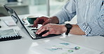 Laptop, typing and hands of business person in office for data analysis, budget charts and document. Accounting graphs, revenue planning and online research with man in finance firm for review