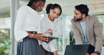 Office, strategy and people with tablet, meeting or brainstorming campaign with info and discussion. Reading, ad performance and marketing team with laptop for research, talk and plan for project