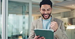 Happy, businessman and fist pump with tablet for winning, promotion or good news in office. Excited, man or employee with smile, app or technology for bonus deal, victory or achievement in workplace