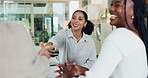 Handshake, success and meeting with business woman in office for congratulations, deal and support. Shaking hands, partnership and client offer with people on agency for contract closer and thank you