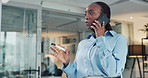 Office, phone call and woman with strategy, glass or communication with contact for financial advice. Happy, wealth manager and black person with info for funding opportunity, brainstorming and chat