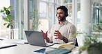 Office, video call and man with laptop, discussion and talk with contact for sales pitch on website. Investment banker, online meeting and communication with headset, smile and explaining strategy