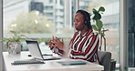 Black woman, consultant and laptop with headset for online advice or customer service in office. Female person, agent or talking on computer for virtual assistance, help or communication in workplace