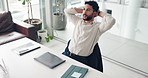 Business, relax and man in office, laptop and completed assignment with break, internet and success. Person, journalist and employee in workplace, computer and breathing with finished task or project