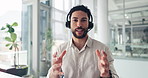 Office, video call and man with headset, discussion and talk with contact for sales pitch on website. Investment banker, virtual meeting and communication with tech, pov and explaining strategy