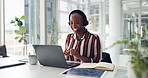 Headset, laptop and black woman in office with communication, crm or call center for online client. Audio tech, computer and African female technical support agent with customer service in workplace.