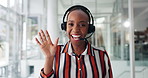Office, face and woman with headset, video call and talking with contact for sales pitch on website. Investment banker, waving and virtual meeting with tech, pov and explain strategy or consultation
