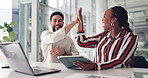 High five, success and business people in office on tablet for celebration, financial bonus and collaboration. Corporate, teamwork and workers on tech for opportunity, budget growth and project deal