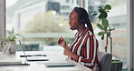 Headset, office and business black woman on laptop talking for lead generation, online sales and communication. Computer, corporate and person for customer service, virtual assistance and contact