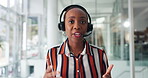 Office, employee and woman with headset, video call and talking with contact for sales pitch on web. Investment banker, virtual meeting and communication with technology, pov and explaining strategy