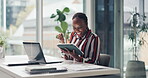 Employee, fist pump and woman with tablet, office and excited with campaign results on web or online. Digital marketing, review and black person with performance report, laptop and good news on tech