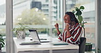 Woman, laptop and headset at office for celebration, fist pump and success with sales at call center. African person, consultant and agent with target, bonus or happy for announcement at company