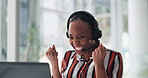 Happy, black woman and consultant winning with laptop for customer service or CRM bonus in office. Excited, female person or agent with headset, fist pump or smile for virtual assistance or success