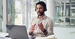 Office, video call and man with laptop, talk and discussion with contact for sales pitch on website. Investment banker, online meeting and communication with headset, smile and explaining strategy