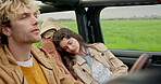 Road trip, couple and passenger sleeping in car with journey fatigue, driving or holiday adventure. Transportation, people and tired woman with nap in vehicle for travel, vacation getaway and resting