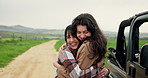 Road trip, friends and women hug in countryside for holiday, vacation and adventure on weekend. Travel destination, happy and people by car in nature for bonding, relax and outdoor getaway for memory