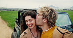 Couple, face or kiss on road trip for selfie, social media or relationship status update at car. Happy man, woman or outdoor in photography POV for travel blog, special memory or love in countryside