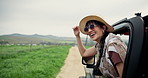 Happy woman, car or travel with window for adventure, freedom or outdoor journey in countryside. Excited, female person or passenger with hat or sunglasses in vehicle for holiday vacation in nature