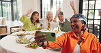 Selfie, friends and mature women in home with smile, bonding and enjoyment in reunion. Lens flare, happy and senior people in living room with phone, celebration and gathering for digital memories.