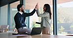 Office, employees and people with tech, high five or excited for real estate listing or celebration. Realtor, collaboration and property sale on website, achievement and colleagues with good news