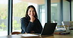 Face, woman manager and smile with laptop in office, project development and research in startup. Budget planning, monitor progress or mature employee with pc in workplace, happy and company schedule