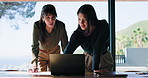 Laptop, planning and business women in meeting for event coordination, budget management and idea. Computer, team and discussion in office with organizer for vendor choice, brainstorming and document