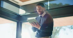 Businessman, scroll and laughing in office with tablet for funny communication, chat and online meme. Smile, male employee or person in workplace with tech for conversation, internet humor or comedy.