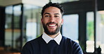 Man, face and realtor with smile for business, company about us and confidence for career. Estate agent, happy or portrait at agency firm for representative, friendly service or property management