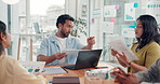 Man, team and documents at startup for office meeting, review and discussion for web traffic stats. Person, group and paperwork with charts, strategy and insight for website growth at media agency