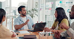 Man, team and laptop at startup for office meeting, review and discussion for web traffic stats. Person, group and computer with charts, collaboration and insight for website growth at media agency