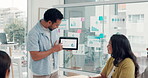 Tablet screen, meeting and speaker with business man for planning, fundraising growth or grant charts. Online report, donor presentation and nonprofit analyst with people in ngo agency for feedback