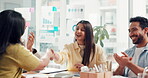 Happy people, partnership or handshake in office with hand clap, collaboration and success for good news. Man, women or colleagues in company with tech, celebration or communication for business deal