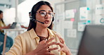 Business woman, consultant and advice with headset on laptop for communication or customer service. Female person, agent or online discussion with mic on computer for virtual assistance in workplace