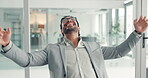 Success, celebration and smile with business man in office for achievement, promotion news and pride. Happiness, bonus and announcement with person in agency for target, approval and victory