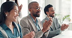 Business people, celebration and applause with audience for promotion, announcement or success at office. Group of employees, clapping and winner for partnership, prize or contract negotiation goal