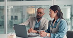 Businessman, coach or discussion with colleague on laptop for company strategy or ideas in office. Man, woman or training staff with intern on computer or app for software, improvement or development