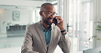 Phone call, communication and black man in office for deal, contact or networking with client. Cellphone, happy and African male financial manager on mobile discussion for investment negotiation.