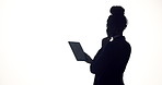 Thinking, tablet and business woman in studio for brainstorming, online proposal and insight. Space, silhouette and person on tech with ideas, solution and planning for project on white background