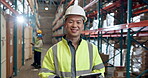 Logistics, face and man with tablet, factory and supervisor with pride for stock, happy and shipping. Confident, industrial engineer and person with tech for distribution or supply chain in warehouse