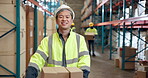 Face, happy and man with boxes at warehouse for distribution, shipping and inventory management. Portrait, male person and package for logistics, industrial stock and inspection for quality assurance