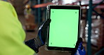 Person, hands or green screen with tablet for logistics, inventory or storage in warehouse. Closeup, employee or distributor with technology display for supply chain app, UI or UX on mockup space