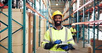 Face, happy man and tablet in warehouse for inventory management, supply chain or quality assurance. PPE, black person or smile in wholesale factory with tech for logistics, distribution or shipping.