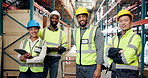 Face, team and logistics employees in warehouse for discussion on inventory or online order. Portrait, digital technology and supply chain workers with distribution, stock or inspection information