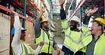 Applause, celebration and huddle with people in warehouse for logistics or supply chain motivation. Clapping, hand stack and success with courier group in factory or plant for delivery team building
